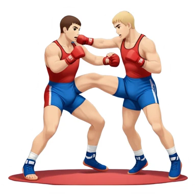 Two Sambo fighters in blue and red gis with shorts and wrestling shoes, executing gripping and throwing techniques. The fighters are engaged in a dynamic, action-packed moment with no strikes. The background features a wrestling mat, focusing on the technique and control. Transparent background  sticker