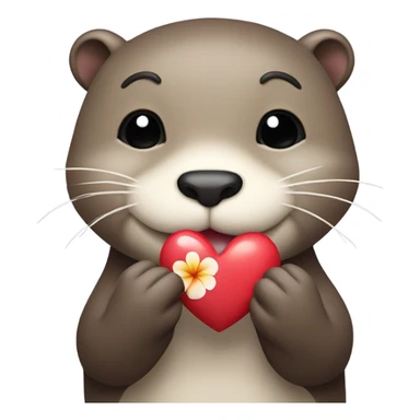 A happy and cute otter face with a Hawaiian flower tucked behind its ear, holding a heart. sticker