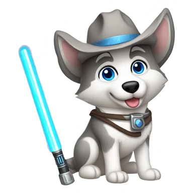 Gray Siberian Husky with blue eyes Jedi holding lightsaber cowboy hat  sticker