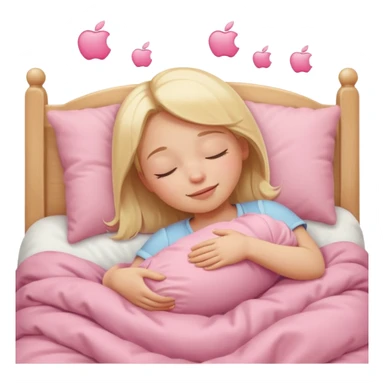 a girl with blonde hair, eyes closed, peacefully sleeping in a baby pink bed, simple and expressive, minimal details, apple emoji style sticker