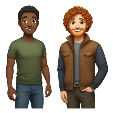 Create an emoji of a couple: a woman with curly log red hair and brown eyes, and a man with short straight black hair and light brown skin. Both should be smiling warmly and standing close together, embracing each other affectionately sticker