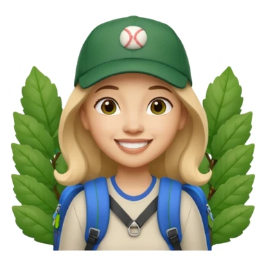 A 3D cartoon woman with a backpack smiling outdoors, surrounded by greenery, Memoji-style realism. sticker