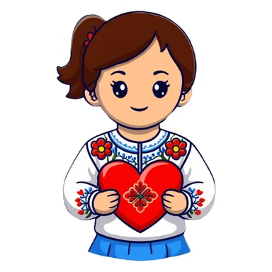 A beautiful young girl with brown hair in a Ukrainian embroidered shirt is holding a large embroidered heart sticker