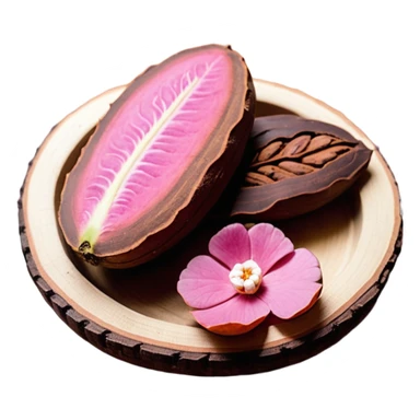 Una miniatura fotorrealista de un trozo de manteca de cacao pura y una pequeña rosa seca sobre una superficie de madera rústica y cálida. La luz debe resaltar la textura de la manteca. Colores: tonos tierra, marrón, terracota y rosa suave. Estilo: plano y orgánico sticker