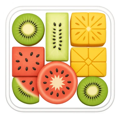 Change the box to a transparent container, keep the fruit platter arrangement the same, in the style of emoji (apple style emojis). sticker