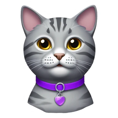 Grey tabby cat with a purple collar sticker