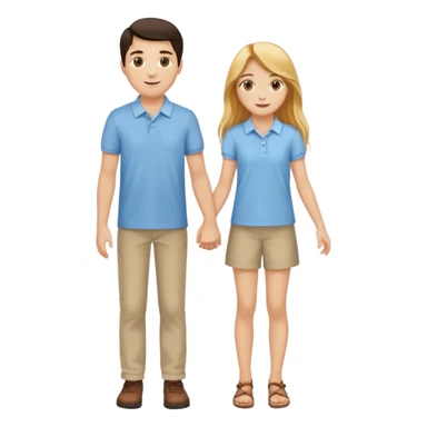 full-length happy couple, girl with long golden hair and hazel eyes in summer outfit, boy with dark hair in light blue polo sticker