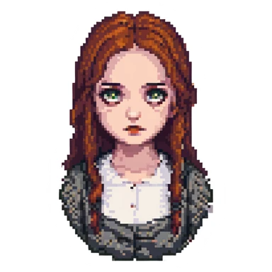 Silent Hill character emote for Twitch, pixel art style, featuring Alessa Gillespie with a haunting expression sticker