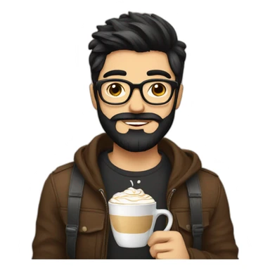 Hipster with black hair, beard and glasses drinking cappuccino   sticker