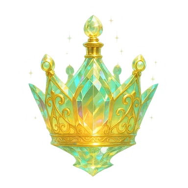 luxurious crystal elixir bottle in the shape of a crown, pastel gradient of yellow, orange, and green colors, lots of glowing effects, facets, ornaments, golden details, magical effects, very small golden neck, transparent background, beautiful merging base, clearly floating in the air, no base or shadow, premium class impression, interesting design fitting a collection of crystal, luxurious, magical bottles sticker