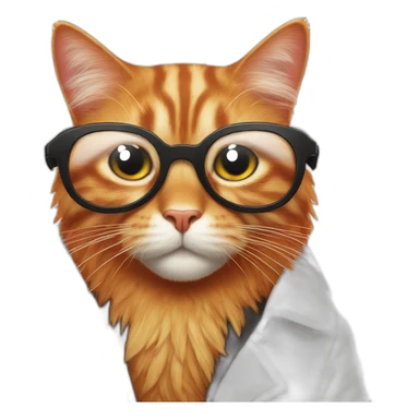 Red cat in a white coat with a feather behind his ear and full-length black glasses sticker