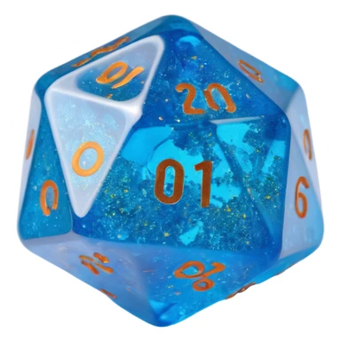 translucent d20 die with glitter sticker