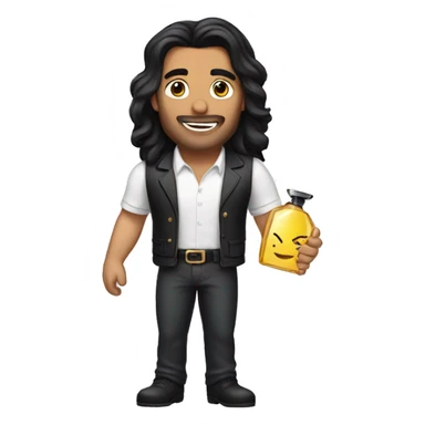 A man with long black hair wearing perfume sticker