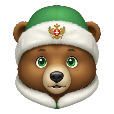 Cute brown bear head with green eyes, wearing white fur ushanka hat with prominent Russian Federation coat of arms on front, iOS emoji style sticker