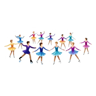 An icon showing a scenic ice rink with multiple figure skaters performing elegant moves under soft spotlight beams. Surrounded by audience stands and shimmering ice, the scene reflects harmony, grace, and the magic of figure skating. Transparent background included sticker