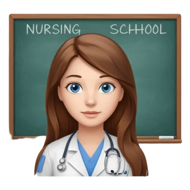 university classroom that says nursing school on the board with a pretty female nursing student with long brown hair, blue eyes sticker