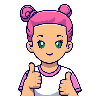 girl with pink topknot haircut and green eyes giving a thumbs up sticker