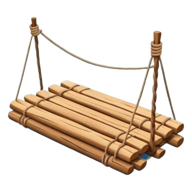 showing a simple wooden raft floating on calm blue water — made of several brown logs tied together with rope — gentle ripples around it — bright, cheerful lighting and soft shadows — minimalist, clean emoji design sticker