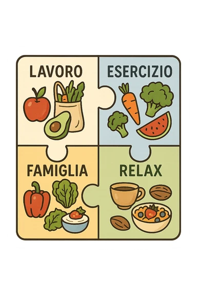 Puzzle (Lavoro, Esercizio, Famiglia, Relax), and healthy foods are integrated into each piece. in italiano sticker