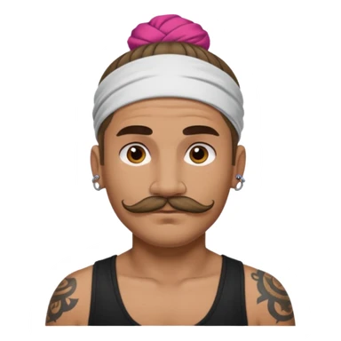 single bun hair man and mustache and face tattoos very heavy and headband sticker