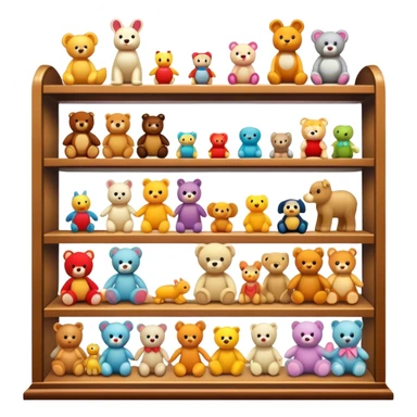 Icon for Toy Collecting: a collection of various vintage toys such as dolls, action figures and plush animals, displayed neatly on shelves or in display cases. The icon should evoke the joy and nostalgia of collecting toys. Transparent background. sticker
