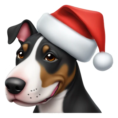 Black and brindle bull terrier wearing a Christmas hat sticker
