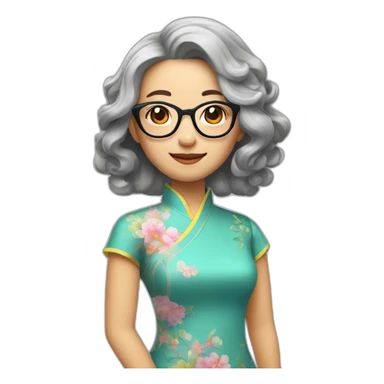Chinese lady with like Lai gray hair wavy hair to the shoulder length where Chinese dress colourful dress wear glasses sticker