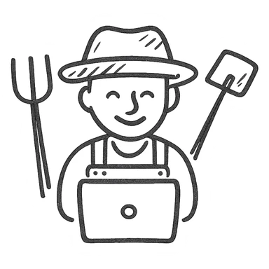 a farmer with a straw hat, surrounded by farm tools, happily looking at a computer screen, hand-drawn style sticker