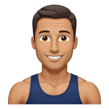 Athletic 40-year-old man with tanned light brown skin. Elongated face with defined jawline. Confident smile. Medium dark eyes, arched eyebrows. Straight nose. Wavy dark hair in a modern cut. Wearing a navy blue tank top showing fit physique. sticker