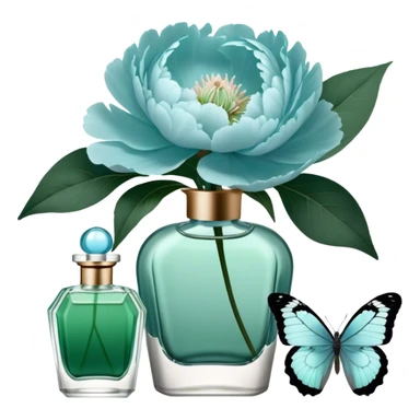 A delicate arrangement of pale blue peonies and a translucent green  butterfly near a deep green color perfume bottle.    sticker