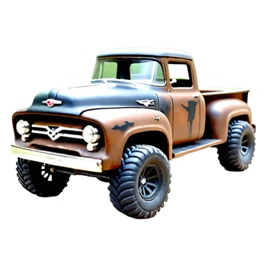 1:10 off-road lcg smoking rusting Arrma Traxxas Basher style Wednesday Adam’s 1954 blackened tarnished hotrod utility streamlined anime Ford zombie extended cab rc bulging pickup (extra wide low-profile pin tires chrome wheels with fenders) sticker