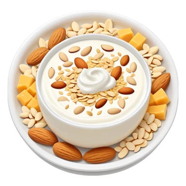 A glowing white leg bone in the center, surrounded by floating calcium-rich foods: yogurt, shredded cheese, almonds, and sesame seeds. All items are floating and slightly shining, arranged in a circle around the bone. sticker