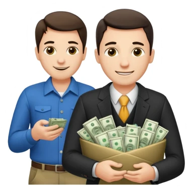 un chef d'entreprise en train de compter sa montagne de billet derrière lui une file de client qui entre dans son magasin pendant qu'à cote un autre chef d'entreprise poche vide pas de client  sticker