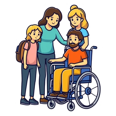 Brown haired bearded son in a wheelchair with blonde women sticker