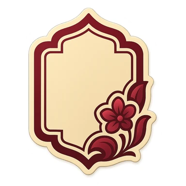 eastern plaque with floral pattern, retro sticker style, burgundy and beige colors, minimalist eastern flower in corner, soft shadows, transparent background sticker