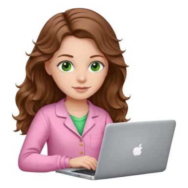 make a picture in ios 18 style of a white girl with brown long wavy hair and green eyes wearing pink pajamas and working on a laptop sticker