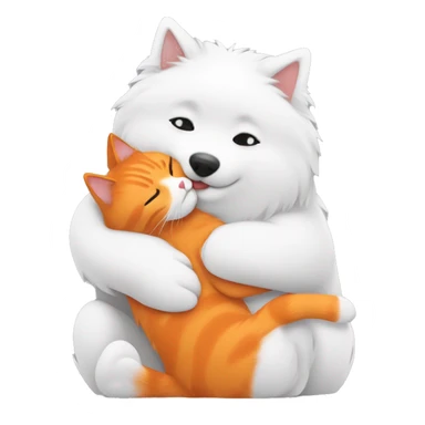 Samoyed hugging a full orange cat  sticker