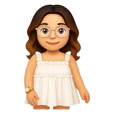 Transform this image into an iOS-style emoji with simplified features, soft gradients, rounded shapes, and a friendly expression. Keep the white ruffled dress, clear eyeglasses, gold wristwatch, and white nail polish. Remove the background for a clean emoji look. sticker