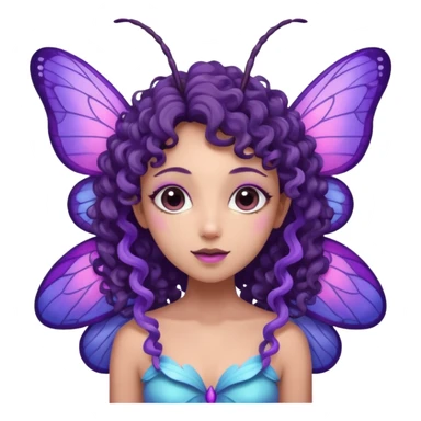 moth fairy with dark curly hair, light purple skin, and moth wings of blue purple and pink. she has moth antenna sticker