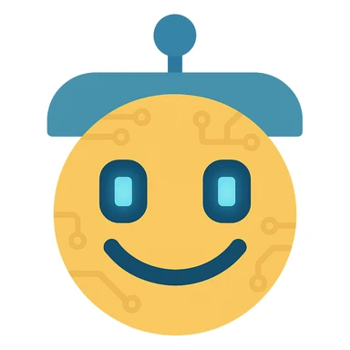 Make the smiley AI emoji look more robotic, with metallic features, digital eyes, and subtle circuitry, keep the flat color icon style, with no background sticker