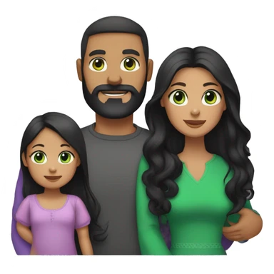 dad with black beard, white skin mom with long straight black hair and green eyes, and baby girl  with black hair purple dresses for everybody sticker