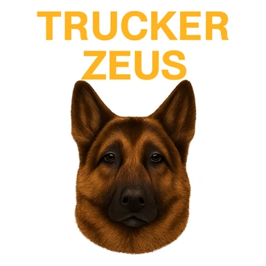 Make the background fully transparent while keeping the realistic German Shepherd and the yellow 'Trucker Zeus' text intact. Maintain maximum compression for the image. sticker