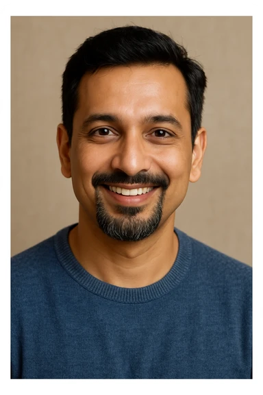 A 40-year-old Indian man with a stylish French goatee, fair skin, and a friendly, trustworthy smile. His expression is welcoming and positive. sticker