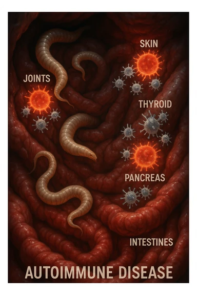 Create a vertical, cinematic, realistic image showing intestinal parasites in the gut and the immune system attacking specific healthy tissues and organs including joints, skin, thyroid, pancreas, and intestines, illustrating the link to autoimmune diseases. Use dramatic clinical lighting and maintain a 2:3 aspect ratio. sticker