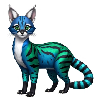 Colorful dark tropical cobalt-blue, black, white fur, with green eyes, iridescent glorious divine exotic cute cool beautiful shiny beautiful fantasy-caracal-civet-genet-sergal-vernid-Cacomistle-oncilla-animal-Fakémon-hybrid-fursona with pattern markings (full body) sticker