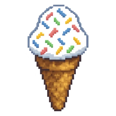 Make the ice cream with sprinkles into a cone, keep pixel art style, no background. Use pixel art style as a reference for the look. sticker