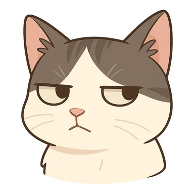 A cat head with an impatient expression, eyes looking to the left and frowning sticker