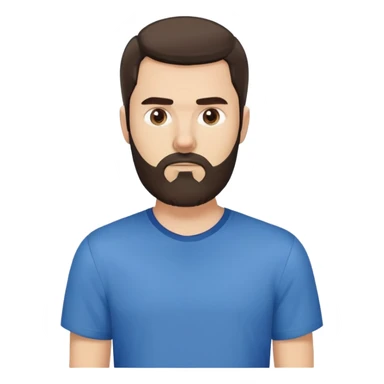 Caucasian man with long straight dark brown hair styled loose with fringe, medium-length hair, short full beard, neutral serious expression, simple blue shirt sticker