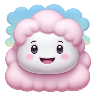 Cinematic fluffy pastel marshmallow character, soft round edges, tiny sparkly eyes, a small happy smile, glowing warmly, floating in a dreamy soft sky. sticker