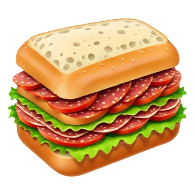 salami sandwich with crusty bread, layers of salami, lettuce, tomato sticker